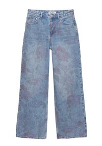 Lyseblå jeans med vide ben og et diskret blomsterprint, frontknapper og lynlås samt et design med fem lommer.