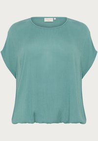 Blouse courte turquoise à manches courtes fabriquée en tissu léger avec une texture douce. Présente un col rond et une coupe décontractée avec un ourlet froncé.