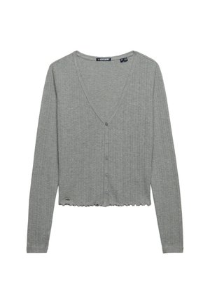 Jasnoszary prążkowany kardigan z długimi rękawami, dekoltem w serek, zapięciem na guziki z przodu oraz falowanym wykończeniem na dole.