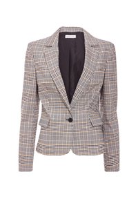 Geruite blazer in beige, zwart en bruine tinten; gemaakt van textiel met een structuur; heeft een reverskraag en een enkele knoopsluiting.