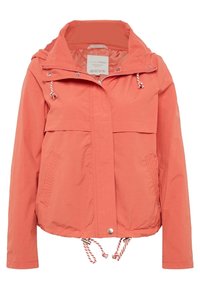 Korallfärgad lättviktsjacka med dragkedja fram, justerbar huva, dragsko i midjan, två framfickor och en slät, strukturerad yta.