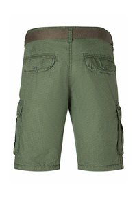 Cargo-Shorts in Olivgrün, aus einem strukturierten Stoff, mit zwei vorderen Taschen, zwei seitlichen Cargo-Taschen und einem gewebten Bund.
