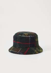 Bucket hoed met een gestructureerde geruite stof in donker groen, bruin en rood met duidelijke ruitpatronen en een ronde rand.