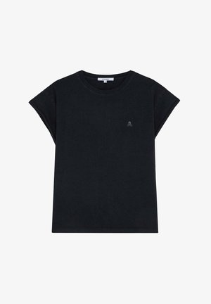 Zwarte katoenen t-shirt met een reguliere pasvorm, korte opgerolde mouwen en een klein doodskoplogo in het wit op de linker borst. Zachte textuur, eenvoudig ontwerp.