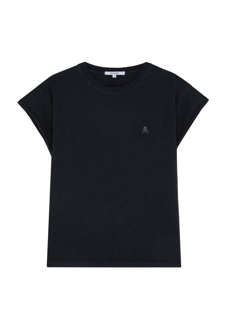 Schwarzes Baumwoll-T-Shirt mit regulärer Passform, kurzen, umgeschlagenen Ärmeln und einem kleinen, weißen Totenkopf-Logo auf der linken Brust. Weicher Stoff, einfaches Design.