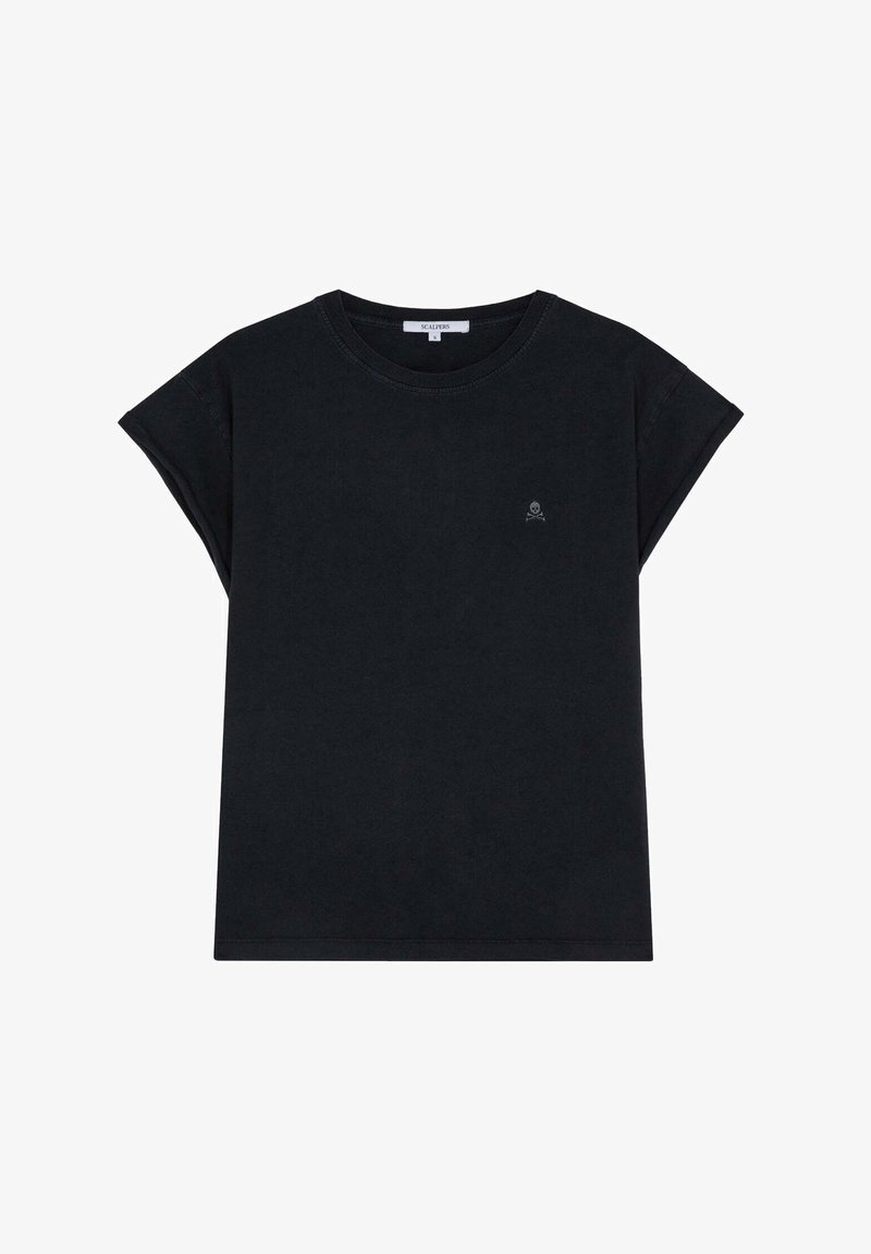 Schwarzes Baumwoll-T-Shirt mit regulärer Passform, kurzen, umgeschlagenen Ärmeln und einem kleinen, weißen Totenkopf-Logo auf der linken Brust. Weicher Stoff, einfaches Design.