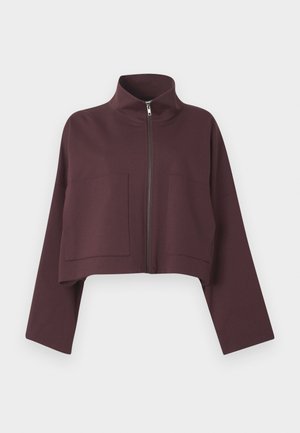 Veste courte couleur bordeaux en tissu lisse, avec col montant, fermeture éclair intégrale et deux grandes poches avant.