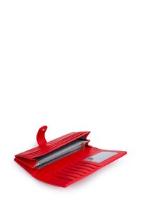 Red leather wallet with multiple card slots, zippered compartment, and a transparent ID window. Features smooth texture and vibrant color.