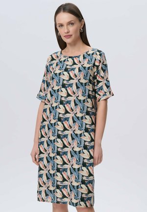 Blumengemustertes, knielanges Kleid mit kurzen Ärmeln. Verfügt über einen dunklen Hintergrund mit bunten Blattdesigns in Pink, Blau und Creme.
