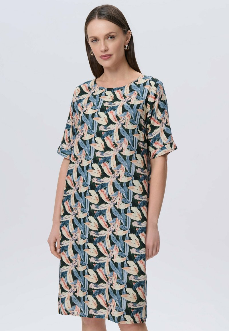 Blumengemustertes, knielanges Kleid mit kurzen Ärmeln. Verfügt über einen dunklen Hintergrund mit bunten Blattdesigns in Pink, Blau und Creme.