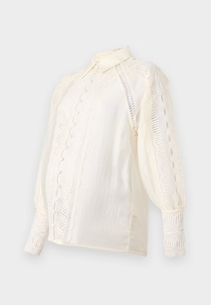 Balta bluzė su nėrinių detalėmis ant rankovių ir priekinės dalies. Yra apykaklė, dekoratyviniai mygtukai ir tekstūruotas audinys, taip pat pūstomis rankovėmis.