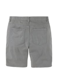 Graue Baumwollshorts mit einem elastischen Taillenbund, zwei Hintertaschen und einer glatten Textur. Einfaches Design ohne sichtbare Muster oder Akzente.