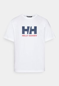 White cotton t-shirt featuring a blue and red graphic with "H/H" and "HELLY HANSEN" text. Classic round neck and short sleeves.