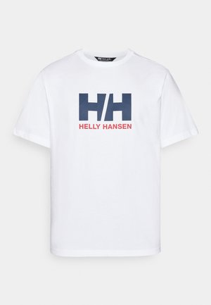 Camiseta de algodón blanca con un gráfico azul y rojo que incluye el texto "H/H" y "HELLY HANSEN". Cuello redondo clásico y mangas cortas.