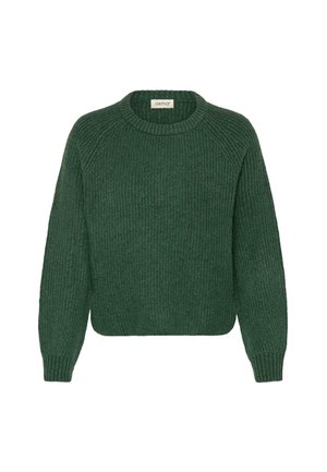 Grüner Strickpullover mit Rundhalsausschnitt, gerippter Textur und langen Ärmeln. Verfügt über eine lässige Passform und ein dezentes Muster.