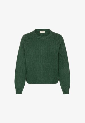 Groene gebreide trui met een ronde hals, ribbelstructuur en lange mouwen. Kenmerkt zich door een losse pasvorm en een subtiel patroon door het hele kledingstuk.