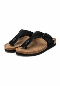 Chanclas negras con tiras de ante, plantilla de corcho y suela de goma. Cuentan con una hebilla y una tira de dedo moldeada para mayor soporte.