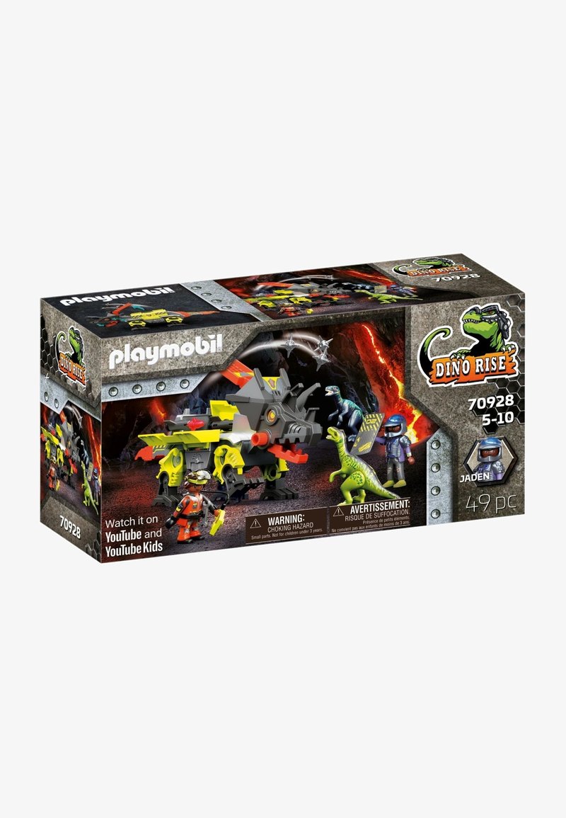Playmobil Dino Rise playset, featuring a black and yellow dinosaur with red accents, includes figures and accessories in a colorful box design.