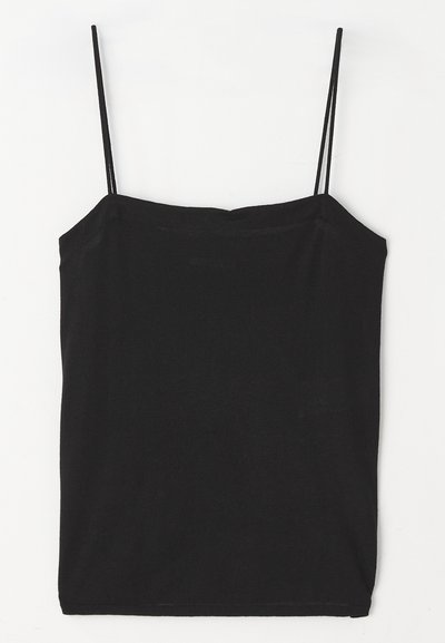 Black sleeveless camisole with thin straps, made of soft cotton blend, featuring a straight-across neckline and a fitted silhouette.