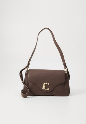 Brown leather shoulder bag with a textured finish, curved flap, gold clasp detail, and adjustable strap. Size is medium.