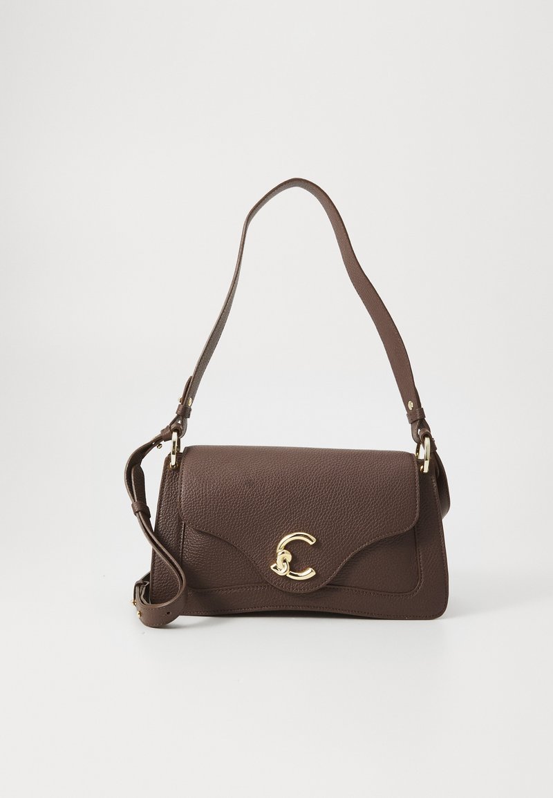 Brown leather shoulder bag with a textured finish, curved flap, gold clasp detail, and adjustable strap. Size is medium.