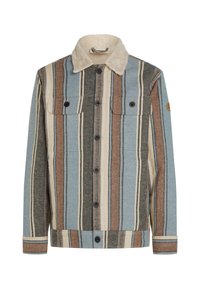 Veste à boutons avec des rayures verticales bleues, brunes, crème et grises, dotée d'un col en sherpa crème et de deux poches à rabat sur la poitrine.