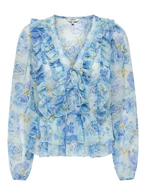 Hellblaue Blumenbluse mit Rüschen-V-Ausschnitt, langen Ärmeln und Bindeband vorne, mit abgestuften Rüschen am Saum.