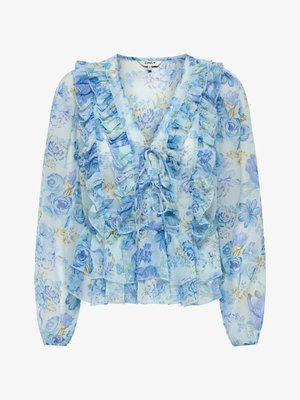 Hellblaue Blumenbluse mit Rüschen-V-Ausschnitt, langen Ärmeln und Bindeband vorne, mit abgestuften Rüschen am Saum.
