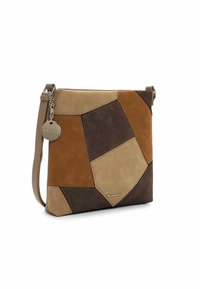 Brown and tan leather shoulder bag featuring a geometric patchwork design, smooth and textured suede, with a silver hardware accent.