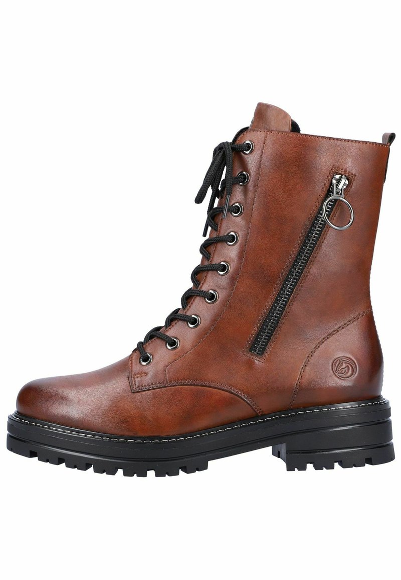 Bottines à lacets en cuir marron avec fermeture éclair sur le côté, lacets noirs, semelle robuste et embellissement de logo. Texture lisse avec une finition brillante.