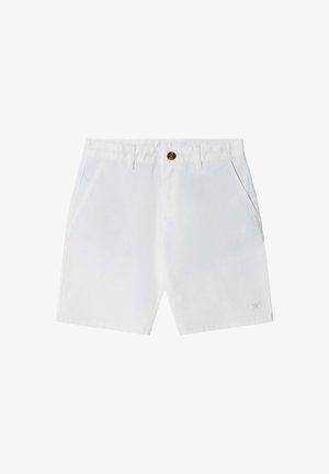 Weiße Herren-Shorts in legerem Stil mit seitlichen Taschen, Gürtelschlaufen und Knopfverschluss am Bund.