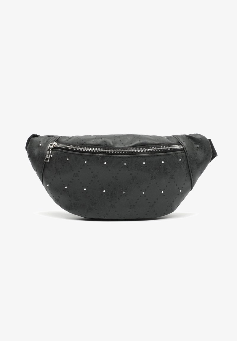 Sac banane noir en matériau texturé, avec une poche zippée à l'avant, un motif en losange et des strass éparpillés pour les détails.