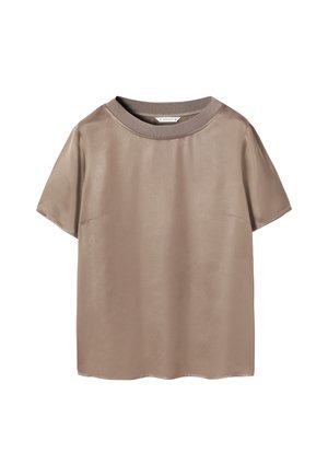 Kratka majica s kratkimi rokavi v taupe barvi, izdelana iz gladkega satenskega materiala. Ima okroglo ovratnico z kontrastnim temnejšim robom. Enostavna, čista zasnova.