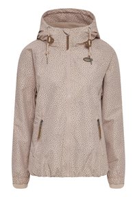 Giacca impermeabile rosa chiaro con finitura testurizzata, motivo a pois neri, cappuccio regolabile e polsini elasticizzati, dotata di tasche con zip.