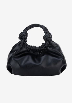 Bolso de mano de cuero negro con parte superior recogida y asas dobles anudadas, forma blanda y holgada, sin herrajes ni logotipos visibles.