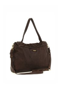 Borsa in pelle marrone con due manici resistenti, una tracolla removibile e dettagli di cucitura discreti. Presenta una placca con logo in tono oro.