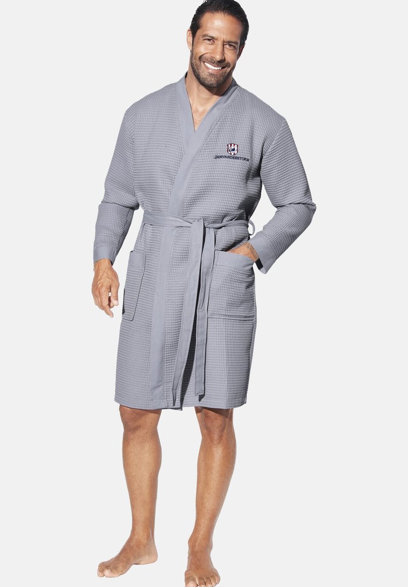 Gray textured bathrobe with pockets, a belt, and contrasting collar. Features a logo on the chest area. Worn by a male model.