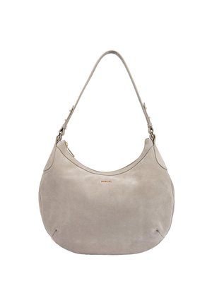 Beige suede hobo bag with gold zipper and adjustable shoulder strap, small gold brand logo on front center.