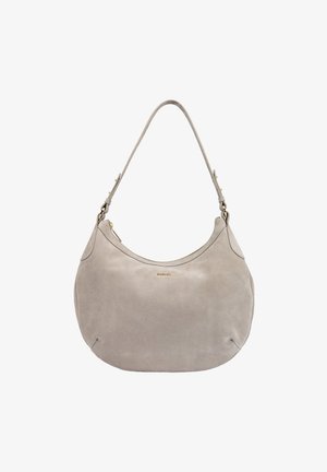 Beige suede hobo bag with gold zipper and adjustable shoulder strap, small gold brand logo on front center.