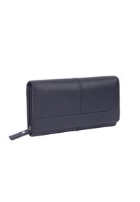 Portafoglio in pelle blu navy con una texture liscia, caratterizzato da una tasca con zip e un design minimalista. Dettagli cuciti e logo impresso.