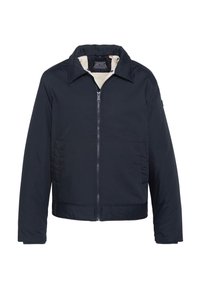 Granatowa kurtka z zamkiem z przodu, spiczastym kołnierzem i miękką, kremową podszewką. Posiada boczne kieszenie i fakturowaną tkaninę.