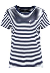 Pruhované tričko s krátkým rukávem, které má námořnické modré a bílé vodorovné pruhy, kulatý výstřih a malou náprsní kapsu. Bavlněný materiál.