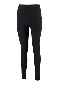 Zwarte leggings van rekbare, gladde stof; beschikken over een hoge tailleband en een nauwsluitend ontwerp; geen patronen of zichtbare hardware.