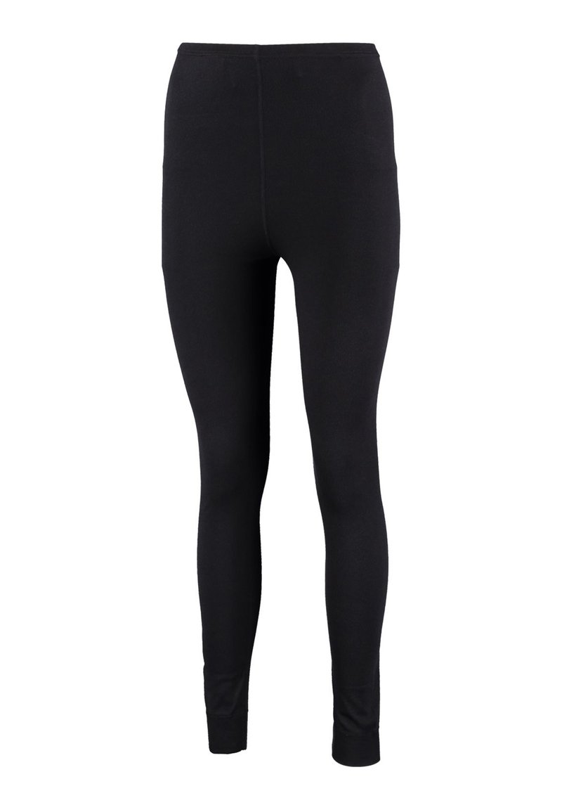 Zwarte leggings van rekbare, gladde stof; beschikken over een hoge tailleband en een nauwsluitend ontwerp; geen patronen of zichtbare hardware.