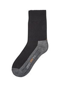 Chaussette noire avec une bordure côtelée, talon et parties des orteils gris, présentant un détail de logo orange sur le côté. Texture douce, design mi-long.