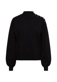 Maglione nero con collo alto, taglio morbido e maniche lunghe. Presenta dettagli decorativi in perle lungo la spalla sinistra.