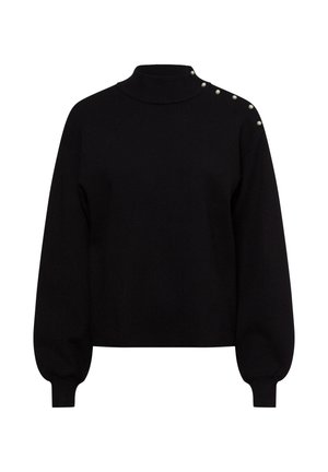 Zwarte pullover trui met een hoge kraag, ruime pasvorm en lange mouwen. Heeft decoratieve parelaccenten langs de linker schouder.