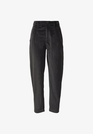 Schwarze Cordhosen mit geradem Bein, hoher Taille, seitlichen Taschen und dezentem vertikalem Rippstruktur.