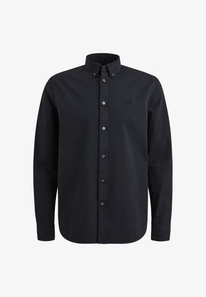 Black button-up shirt made of cotton, featuring a pointed collar, long sleeves, and a subtle logo on the chest.
