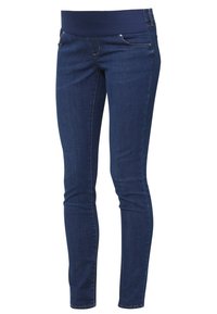 Mörkblå gravid skinny jeans med elastiskt midjeband och fram- och bakfickor, visade mot en vit bakgrund.